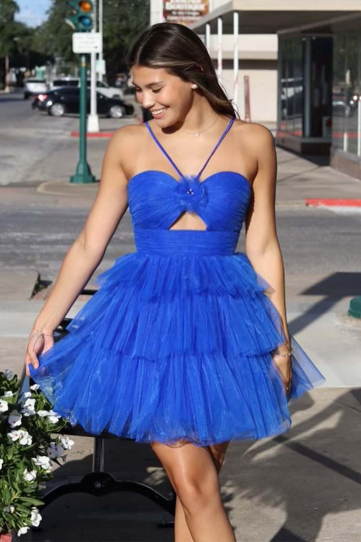 A-Line Tulle Halter Homecoming Dress with Keyhole