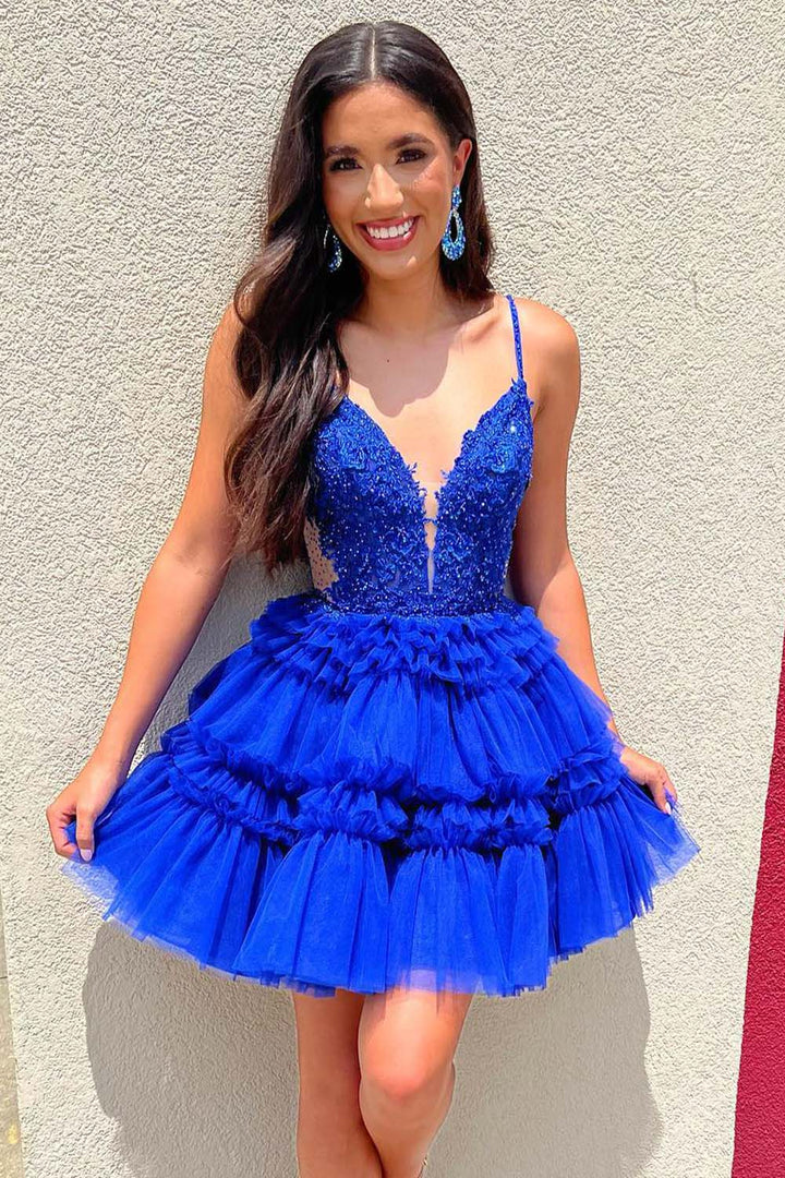 Royal Blue Tulle Tiered Homecoming Dress