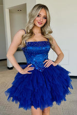 Load image into Gallery viewer, Royal Blue Tiered Homecoming Dress with Beading
