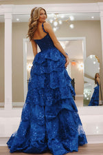 Load image into Gallery viewer, Royal Blue Tiered Prom Dress with Slit
