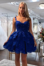 Load image into Gallery viewer, Straps Royal Blue Ruffle Homecoming Dress
