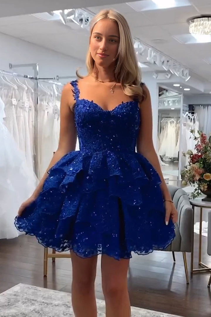 Straps Royal Blue Ruffle Homecoming Dress