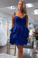 Load image into Gallery viewer, Straps Royal Blue Ruffle Homecoming Dress
