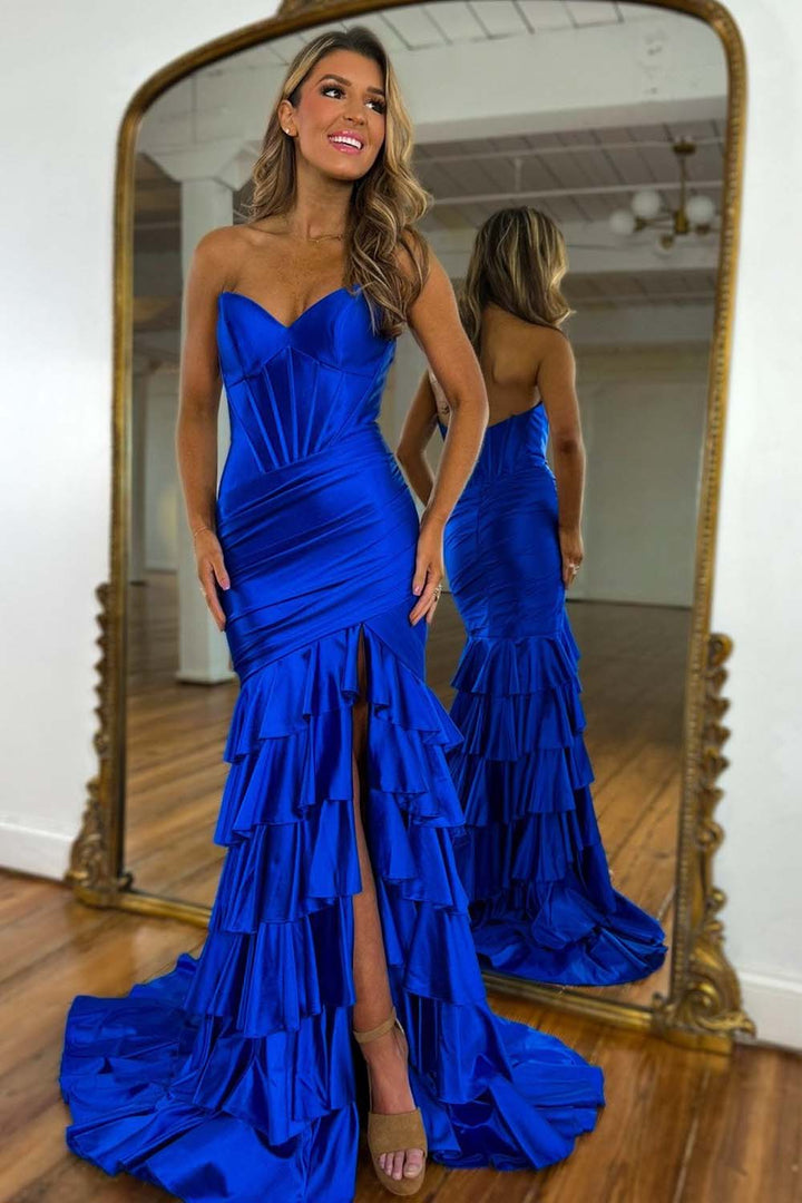 Sheath Strapless Satin Prom Dress with Ruffle Hem