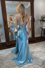 Load image into Gallery viewer, Sheer Corset Bodice Ruched Prom Dress with Beads
