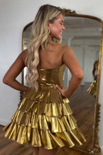 Load image into Gallery viewer, Gold Metallic Ruffle Cute Homecoming Dress
