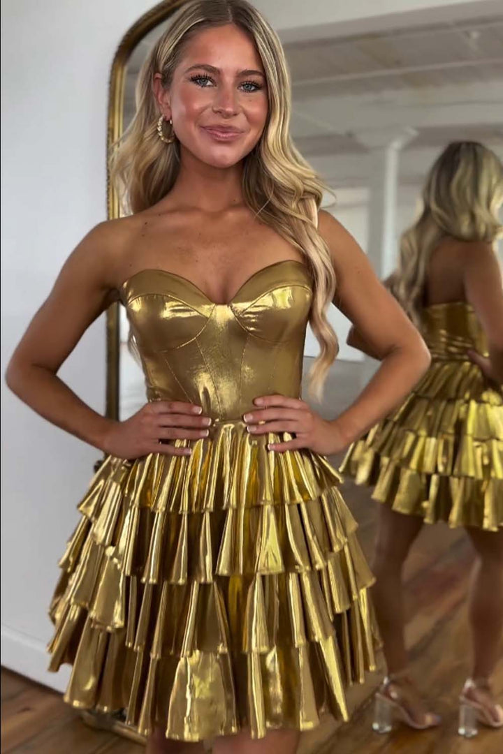 Gold Metallic Ruffle Cute Homecoming Dress