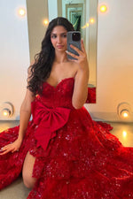 Load image into Gallery viewer, Strapless Corset Ruffle Sequin Prom Dress with Bow
