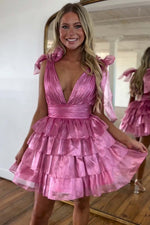 Load image into Gallery viewer, Tiered V Neck Homecoming Dress with Strap Bow
