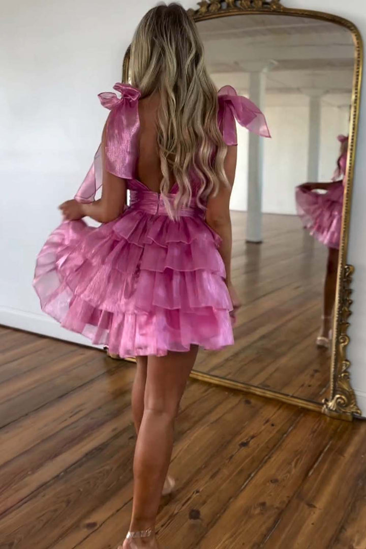 A-Line Deep V-neck Tiered Homecoming Dress