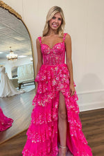 Load image into Gallery viewer, Straps Ruffled Prom Dress with Slit
