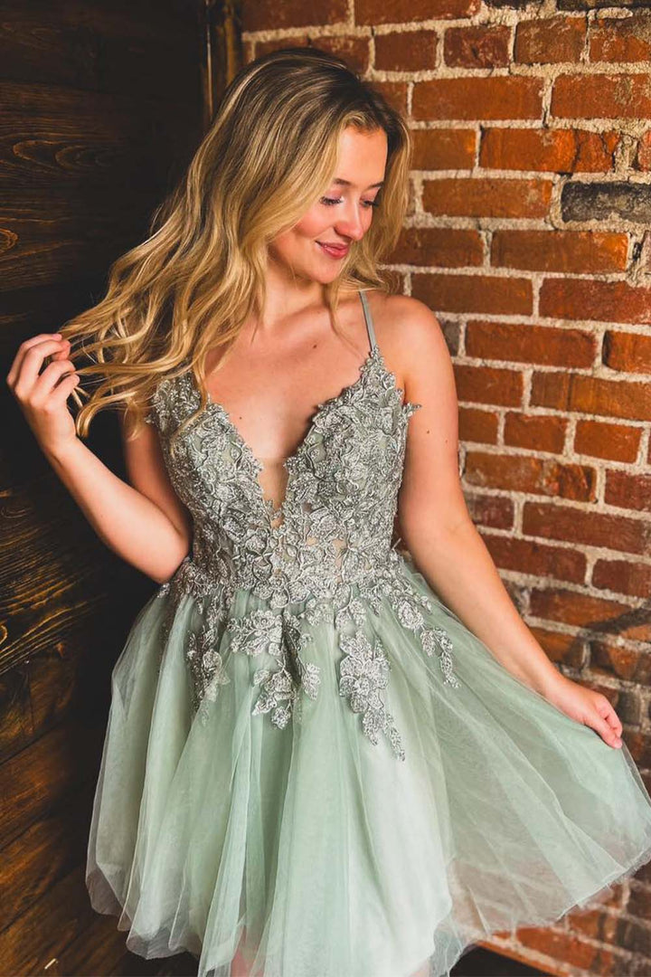 Sage Open Back Homecoming Dress with Appliques