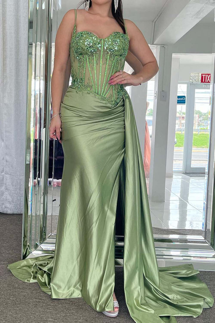 Sage Green Ruched Slit Prom Dress