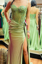 Load image into Gallery viewer, Sage Green Ruched Slit Prom Dress
