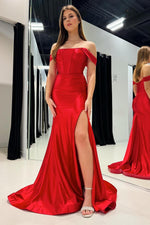 Load image into Gallery viewer, Red Corset Prom Dress with Slit
