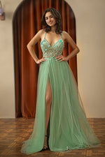 Load image into Gallery viewer, Backless Beaded Slit Prom Dress
