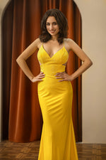 Load image into Gallery viewer, Beaded Yellow Open Back Prom Dress
