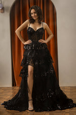 Load image into Gallery viewer, Black Sheer Corset Bodice Prom Dress
