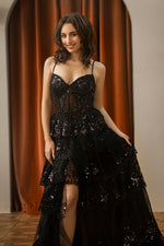 Load image into Gallery viewer, Black Sheer Corset Bodice Prom Dress
