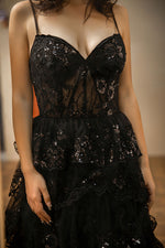 Load image into Gallery viewer, Black Sheer Corset Bodice Prom Dress
