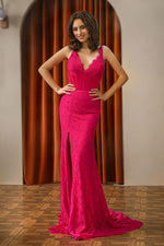 Load image into Gallery viewer, Pink Corset Prom Dress with Slit
