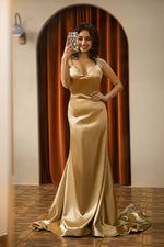 Load image into Gallery viewer, Fitted Satin Open Back Prom Dress
