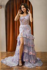 Load image into Gallery viewer, One Shoulder Ruffle Sheer Corset Bodice Prom Dress
