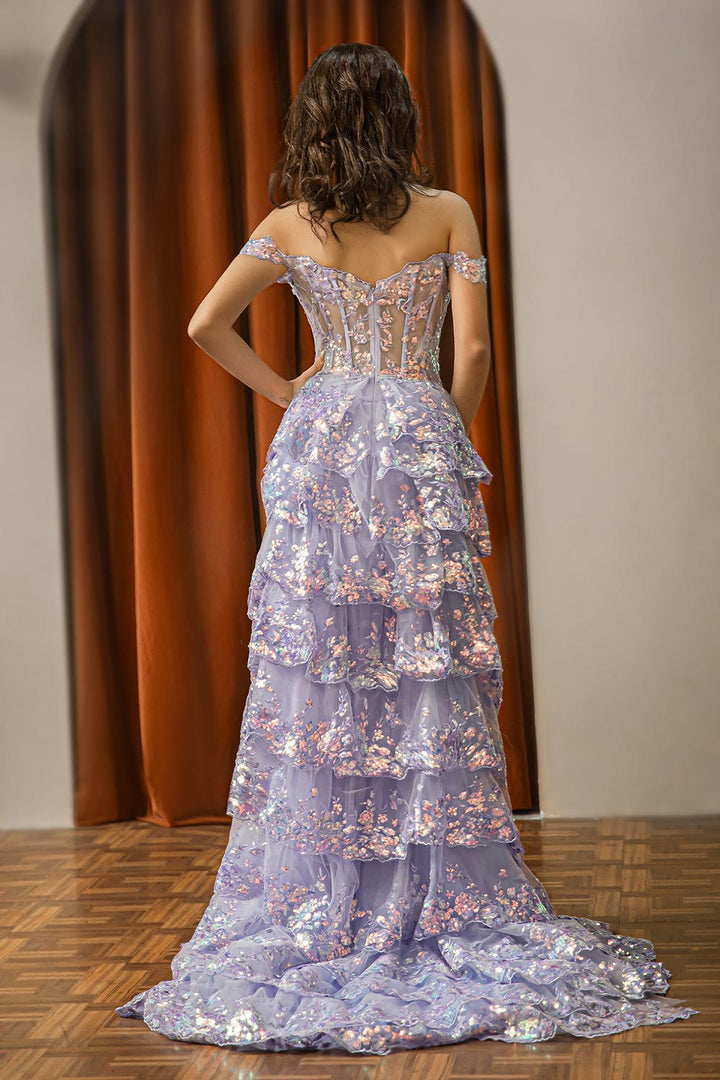 Sheer Corset Bodice Ruffle Prom Dress