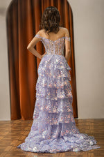 Load image into Gallery viewer, Sheer Corset Bodice Ruffle Slit Prom Dress
