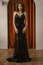 Load image into Gallery viewer, Fitted Embroidery Black Prom Dress with Slit
