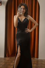 Load image into Gallery viewer, Fitted Embroidery Black Prom Dress with Slit
