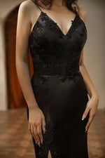 Load image into Gallery viewer, Fitted Embroidery Black Prom Dress with Slit
