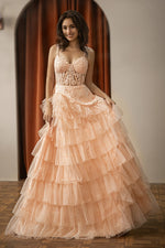 Load image into Gallery viewer, Tiered Corset Prom Dress with Appliques
