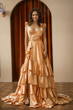 Load image into Gallery viewer, V-neck Ruffle Slit Prom Dress
