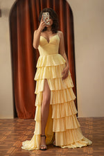 Load image into Gallery viewer, Cute Tiered Yellow Prom Dress
