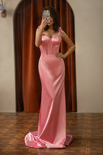 Load image into Gallery viewer, Corset Embellished Straps Pink Prom Dress
