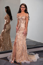 Load image into Gallery viewer, Off the Shoulder Slit Champagne Prom Dress
