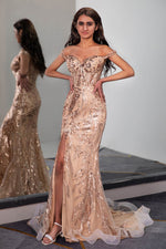 Load image into Gallery viewer, Off the Shoulder Slit Champagne Prom Dress
