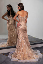 Load image into Gallery viewer, Off the Shoulder Slit Champagne Prom Dress
