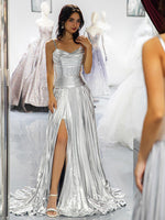 Load image into Gallery viewer, Silver Metallic Slit Prom Dress
