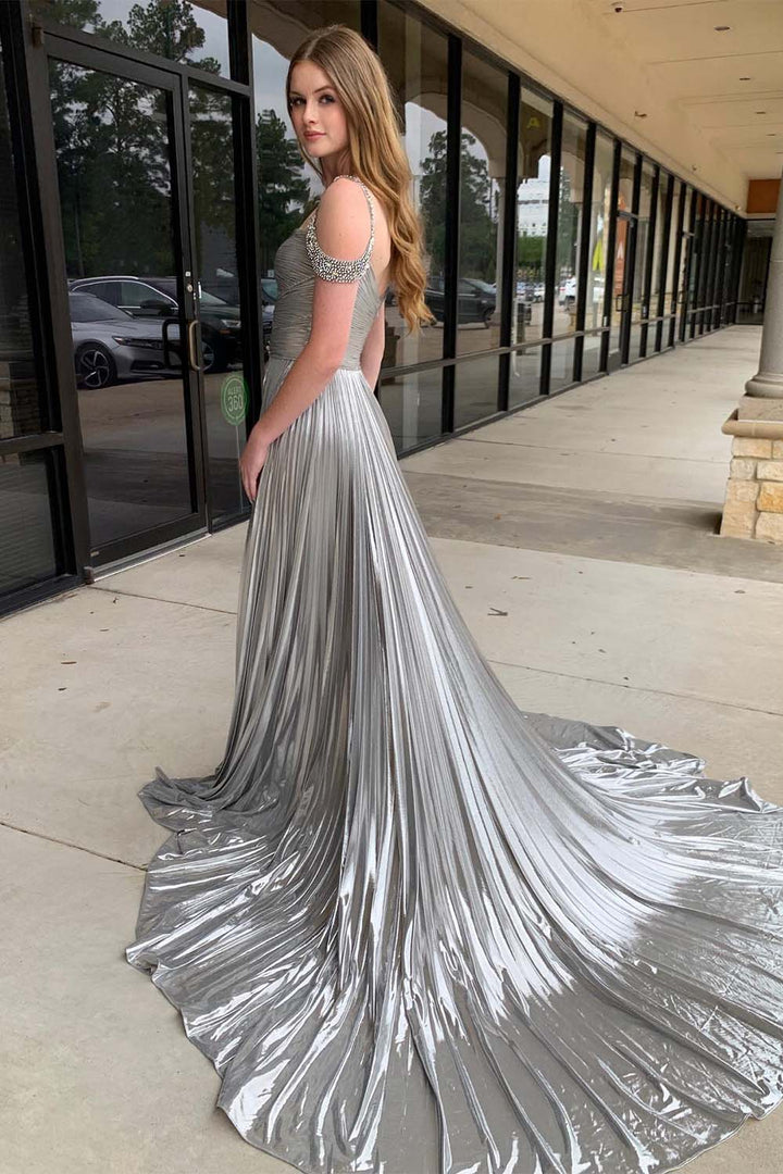 Metallic Senior Prom Dress with Keyholes