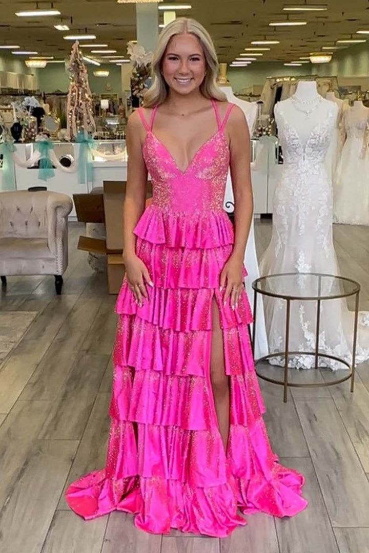 Beaded Ruffle Long Prom Gown