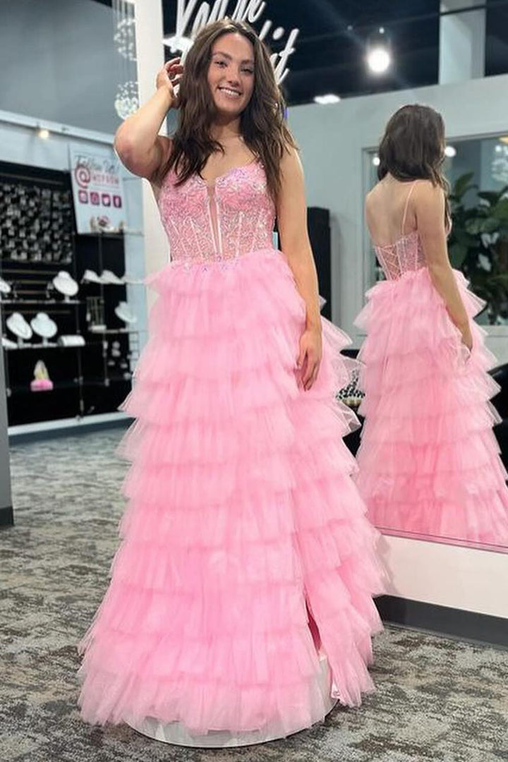 Light Pink Corset Ruffle Prom Dress