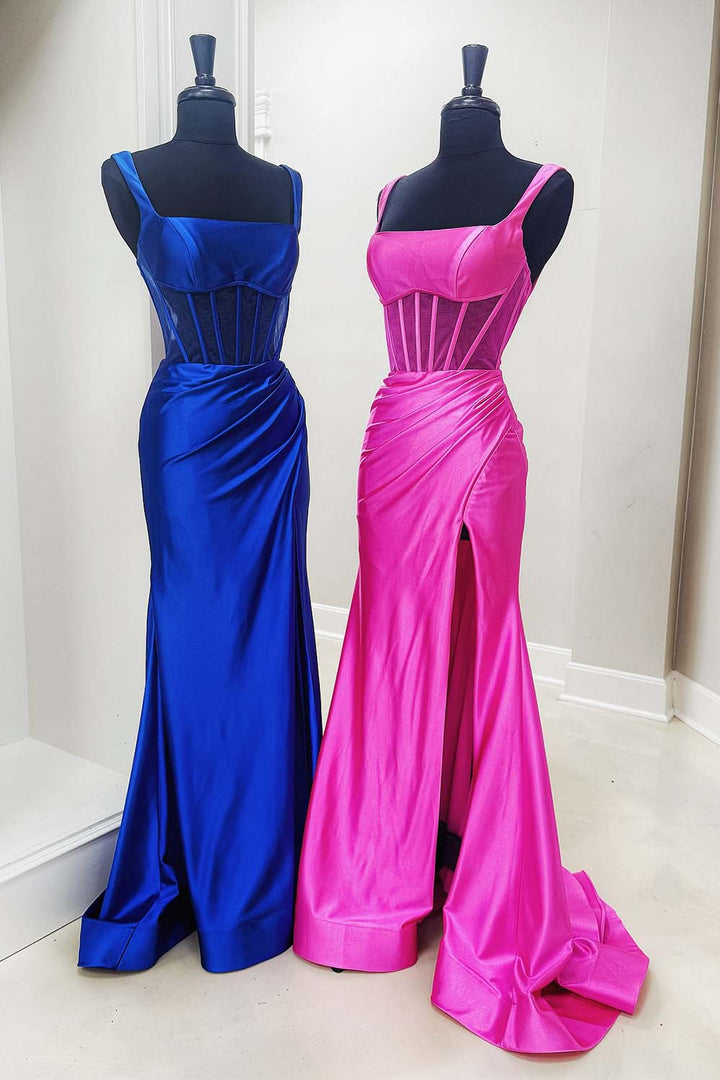 Square Neck Sheer Bodice Prom Dress with Side Slit