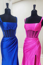 Load image into Gallery viewer, Square Neck Sheer Bodice Prom Dress with Side Slit
