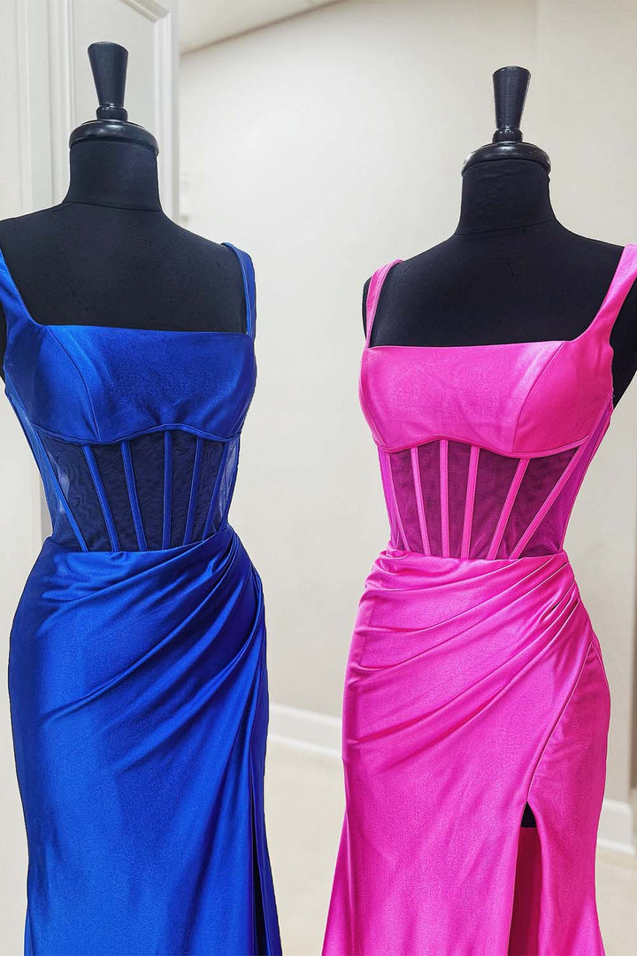 Square Neck Sheer Bodice Prom Dress with Side Slit