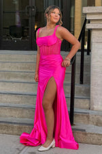 Load image into Gallery viewer, Square Neck Sheer Bodice Prom Dress with Side Slit
