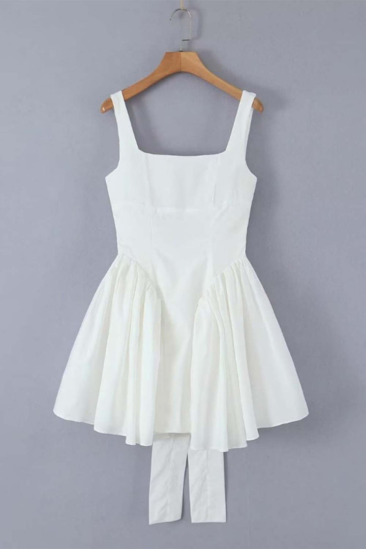 Square Neck Bare Back Bow Short White Dress