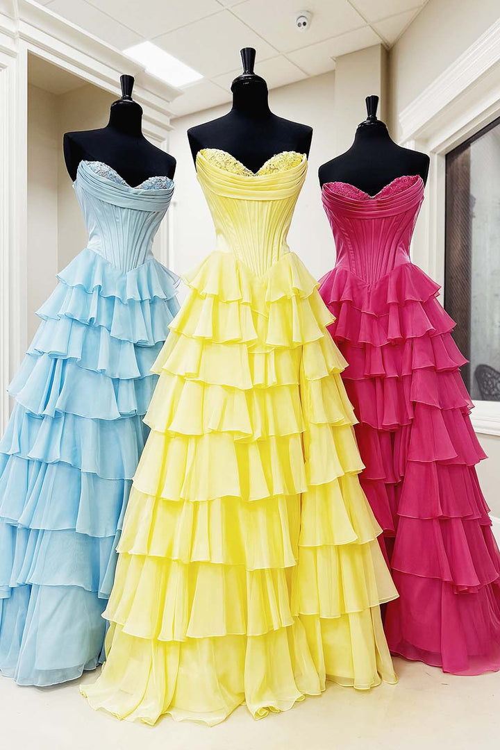 Strapless Corset Bodice Tiered Ruffle Prom Dress with Slit