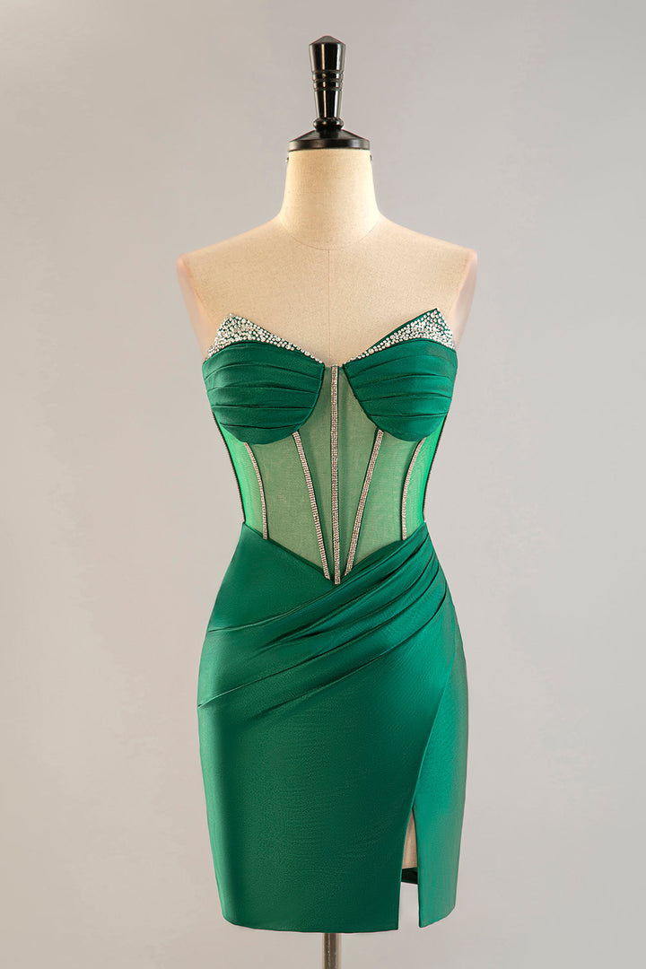 Strapless Sheer Corset Bodice Homecoming Dress with Beading